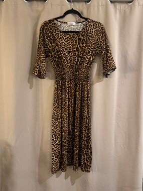 Sign Here Leopard Print Smocked Waist Midi Dress - Brown